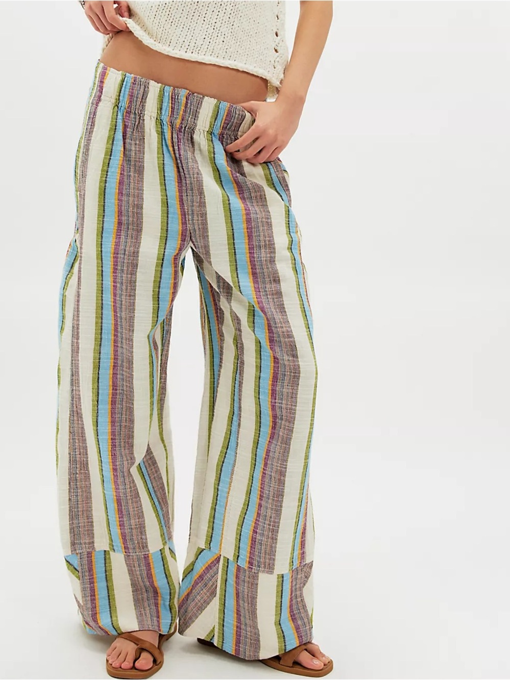 Free People Day's End Linen Striped Pull-On Pants in Ivory Combo